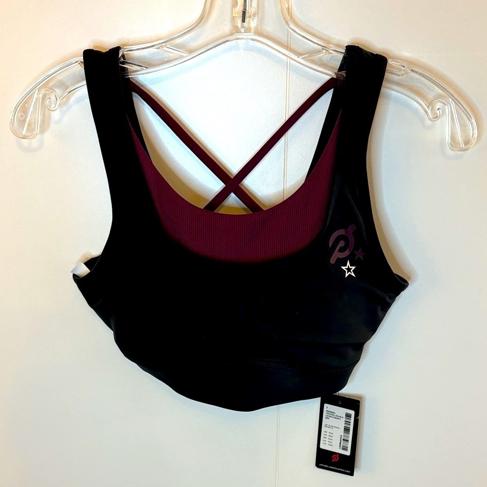 NWT Peloton Renewed Control Double Layer Black and Purple Strappy Sports Bra, S